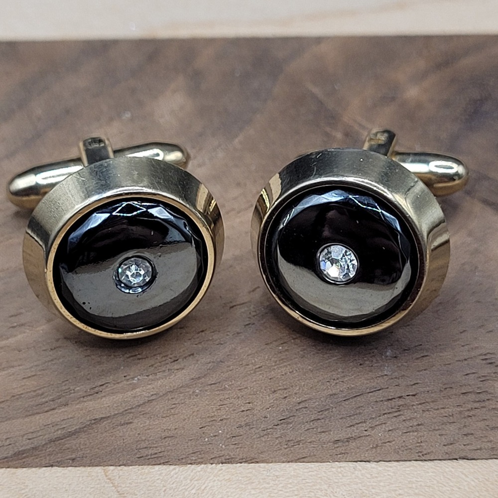 Hickok Mid-century MCM Cufflinks Oval Black Enamel With Clear Stone Gold‎ Tone